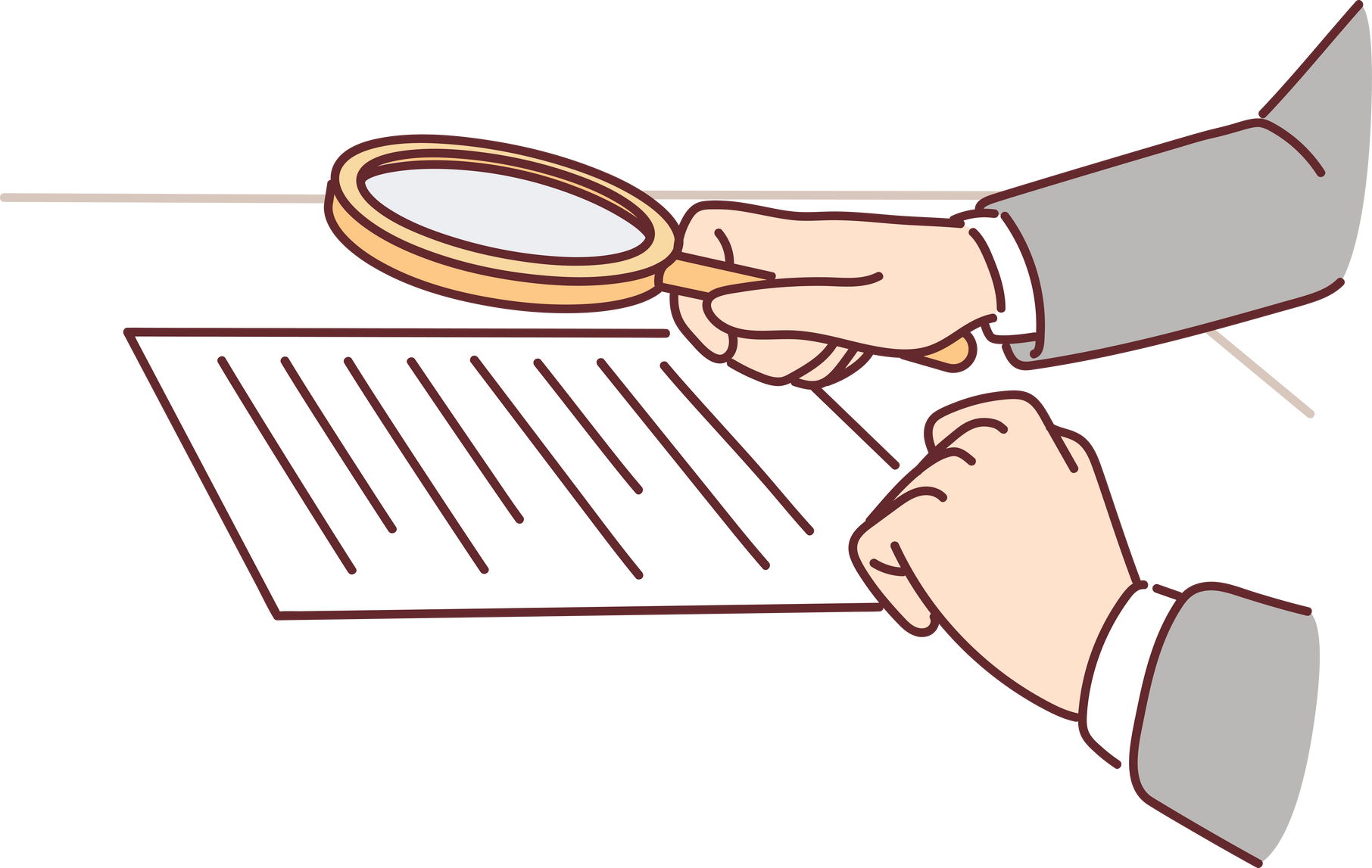 Lawyer hands with magnifying glass over contract for concept of checking documents for errors