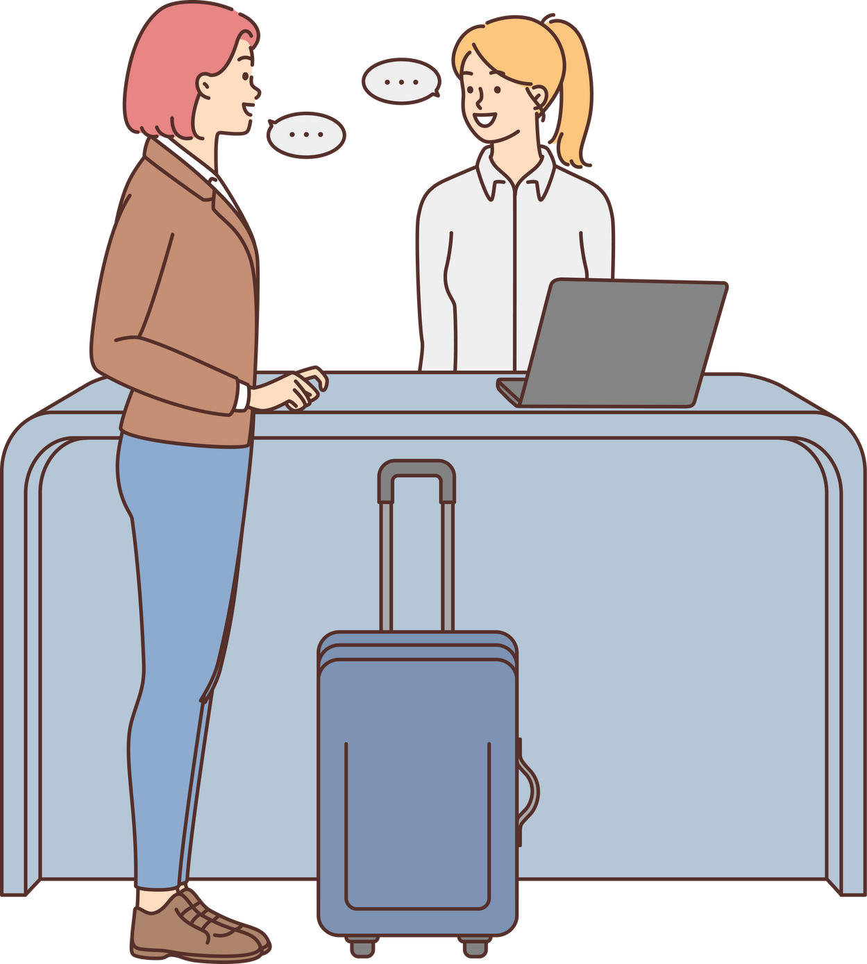 Woman with suitcase talk with administrator on reception