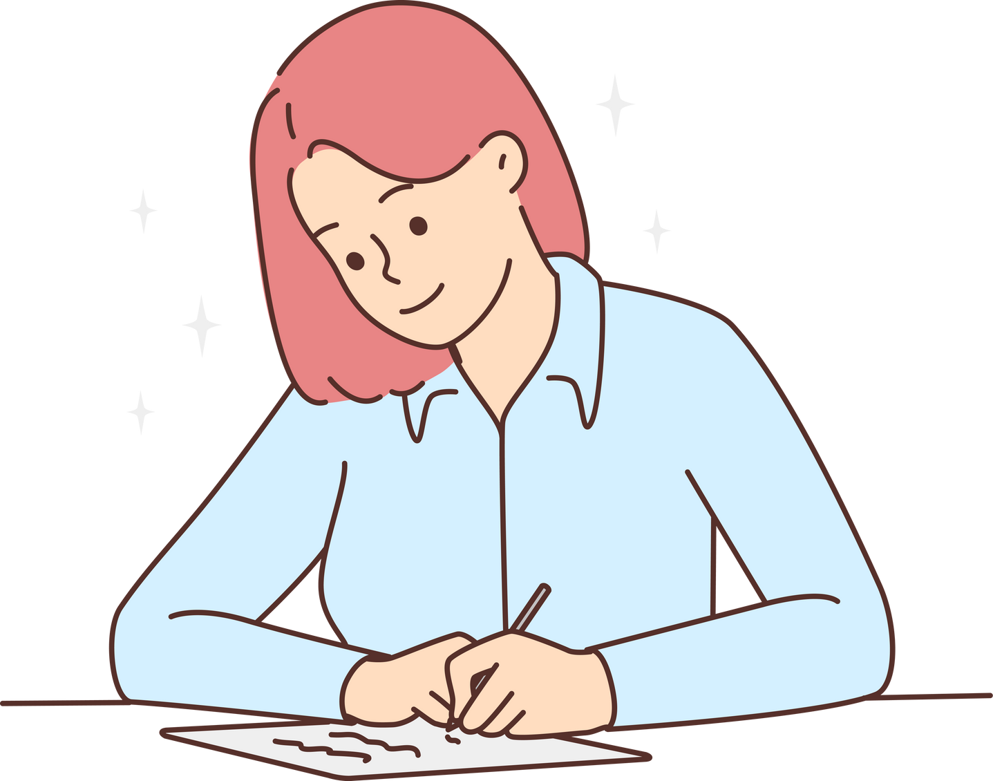 Smiling woman sit at desk writing