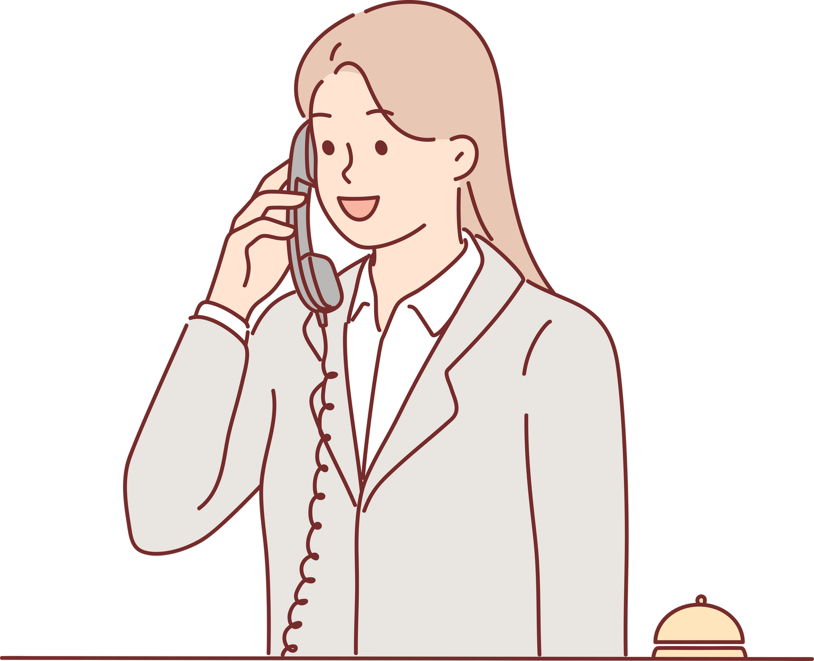 Receptionist woman talking on phone answering customer call with request to send maid or waiter